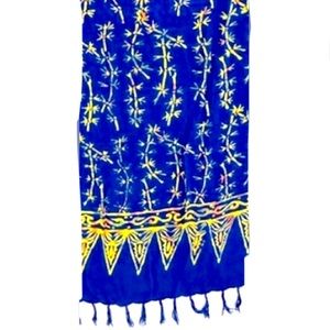 ALEGRE Large blue yellow rich rayon scarf shawl saree wrap bamboo batik EUC
